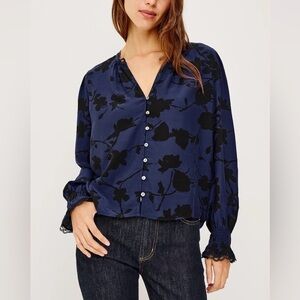 NWT Rails Navy Tossed Roses Print Magda Blouse Lace Ruffles Dark Romantic Small